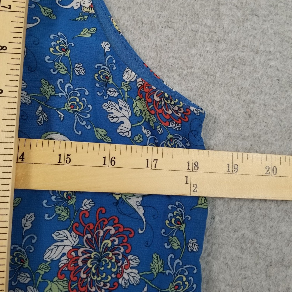 Max Studio Blouse Womens M Medium Blue Floral Tie Neck Sleeveless Bubble Hem Top - Picture 9 of 9